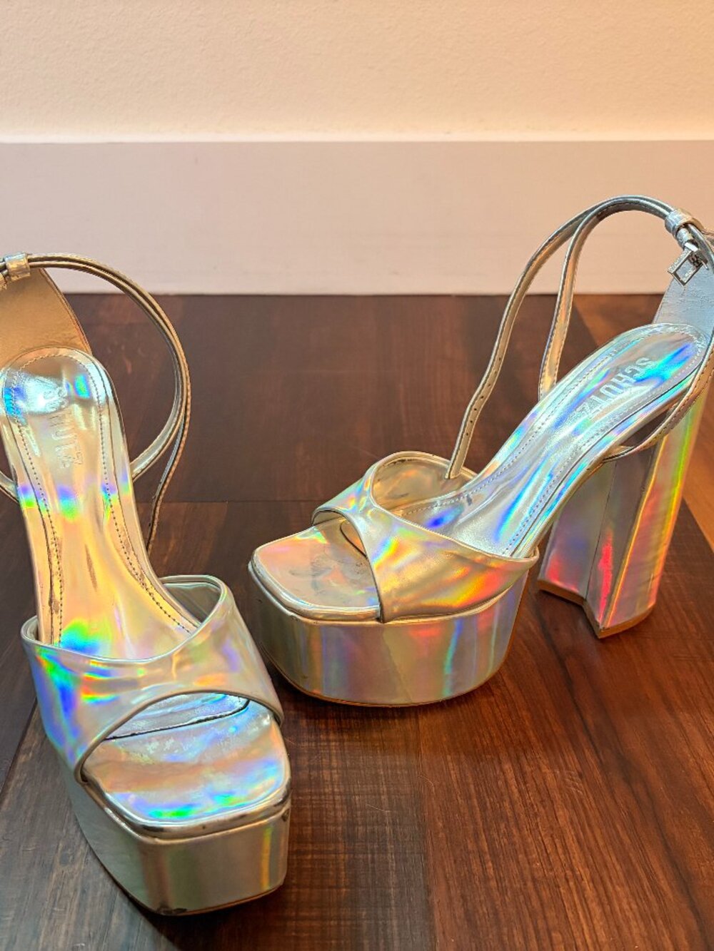 Schultz disco platforms 7.5: SILVER. METALLIC. PLATFORM. LEGENDARY.